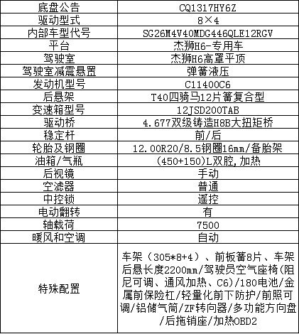 国六30方红岩前四后八400马力供液车底盘技术参数