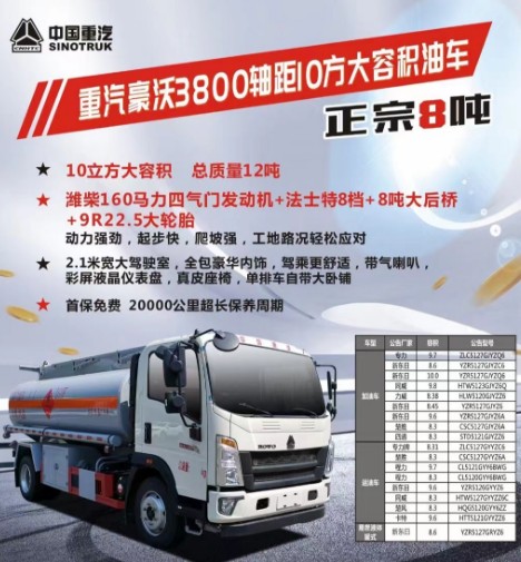 重汽豪沃3800轴距10方大容积油车