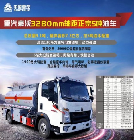 重汽豪沃3280mm轴距正宗5吨油车